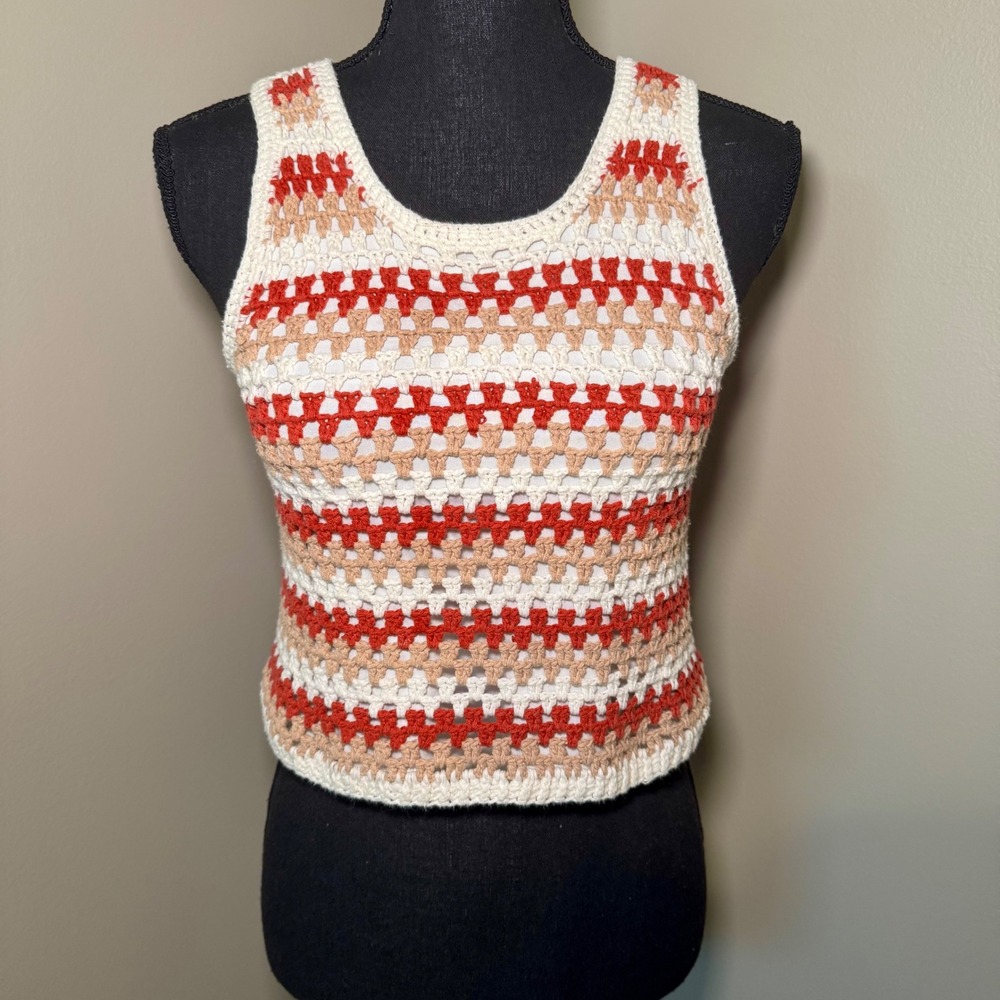 Sadie & Sage Crochet Striped Tank Top Medium Boho Knit Scoop Neck Orange Cream
